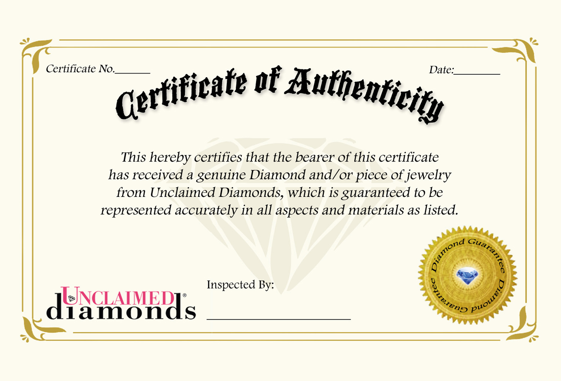 Unclaimed Diamonds Certificate of Authenticity