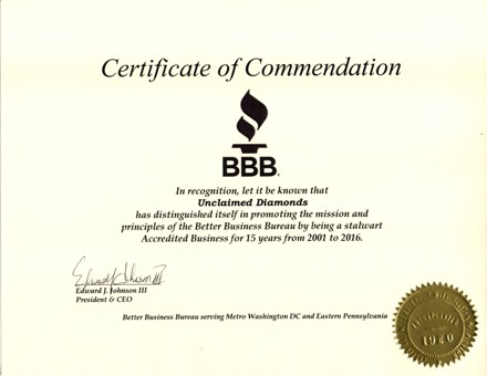 Unclaimed Diamonds BBB 15 Years Accreditation